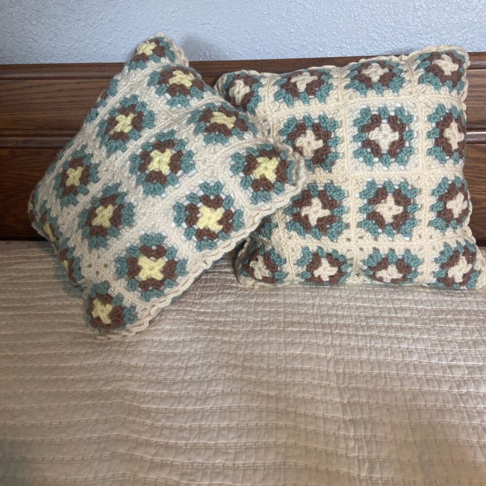 2 Handmade Crochet Granny Square Throw Pillows Vintage Boho Cottagecore 14x14